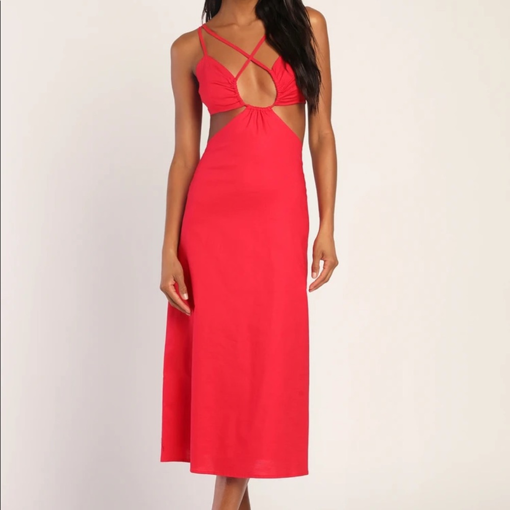 Lulus Sultry Standard Red Strappy Cutout Backless Midi Dress